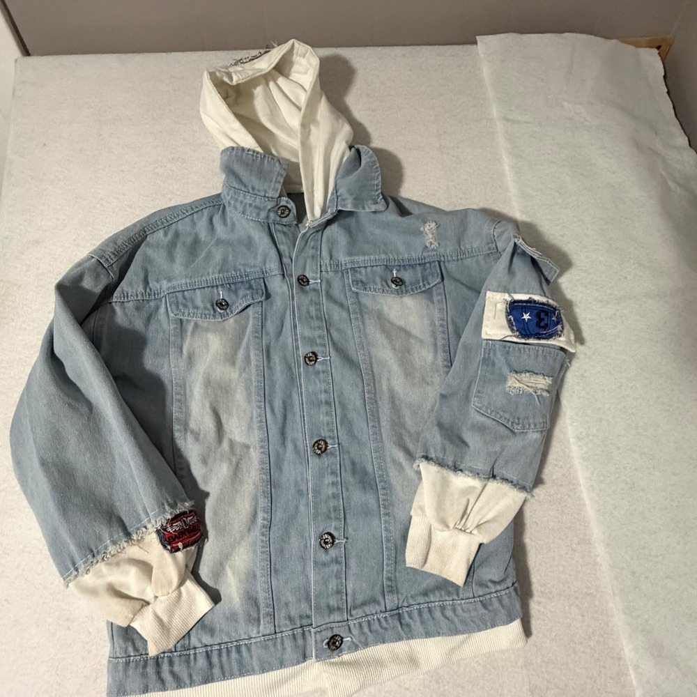 Babysmile Men Shoto Todoroki Anime Distressed Hooded Denim Jacket Light Wash